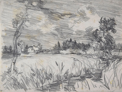 Konrad Sommer, Mooslandschaft mit Gebäude, um 1957,  Bleistift auf Papier, 20,1 x 26,1 cm  